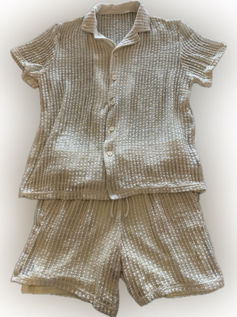 Women’s Crochet Knit Matching Set Cream Open Weave Shirt & Shorts Size L